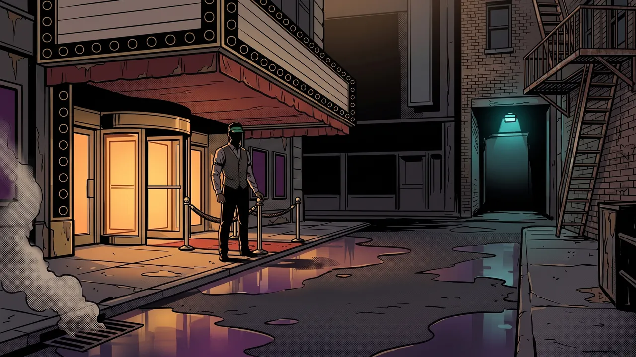 The casino door at night: a doorman in a vest stands at a velvet rope under a marquee, a revolving door glowing behind him.