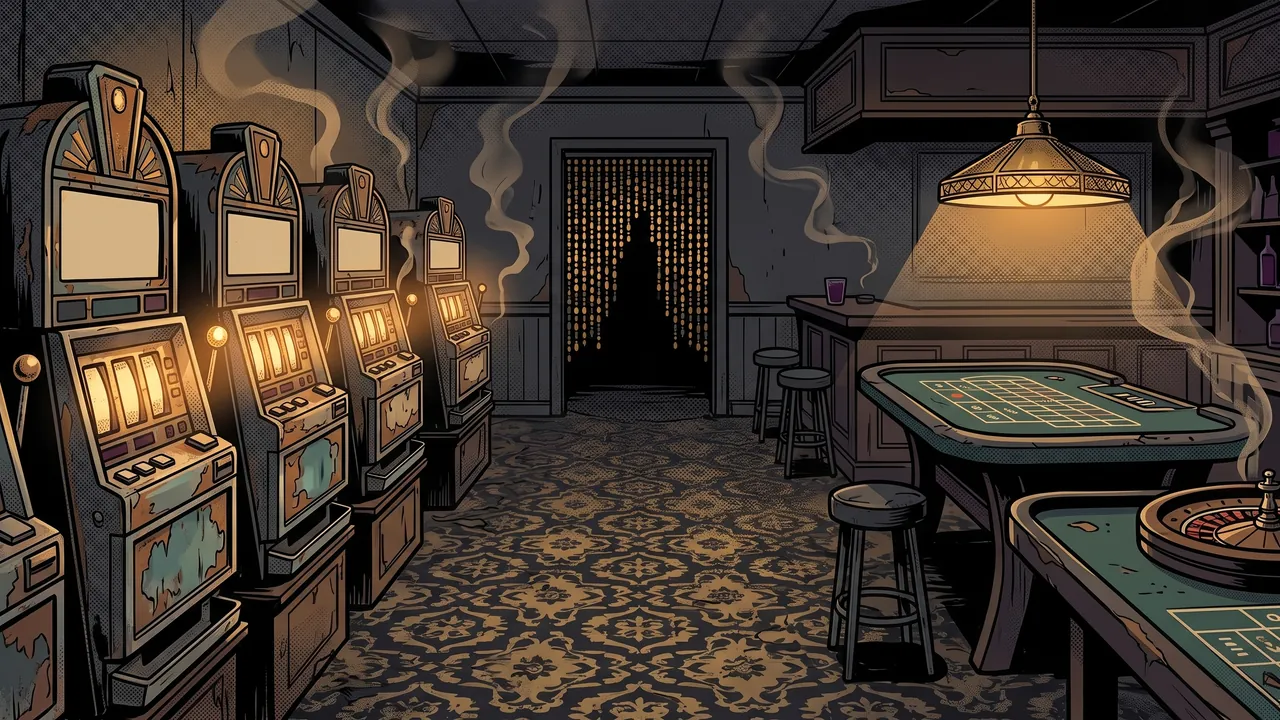 A dim casino floor with a row of slot machines and a roulette table under a hanging lamp.