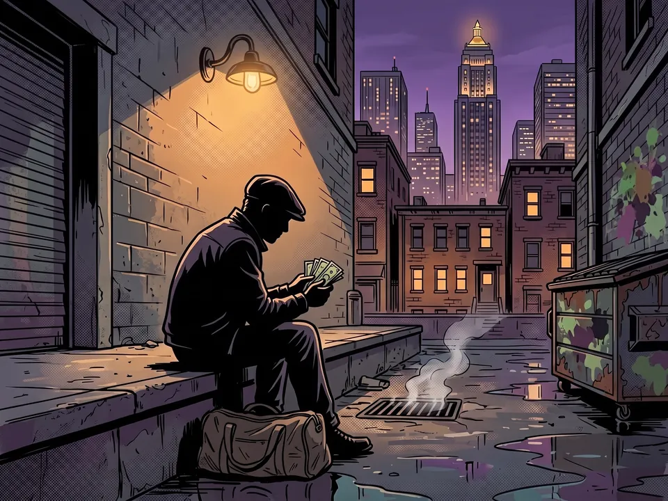 A young man in a flat cap counts a fan of cash on a loading dock under one lamp, the crowned tower lit up behind him.