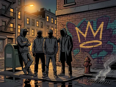Four hooded figures stand together on a street corner under a lamp, a gold crown painted on the wall behind them.