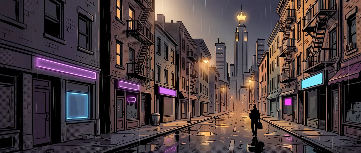 A rain-wet city street at night, with a lone figure and a bag walking toward downtown, where the tallest tower wears a glowing gold crown.