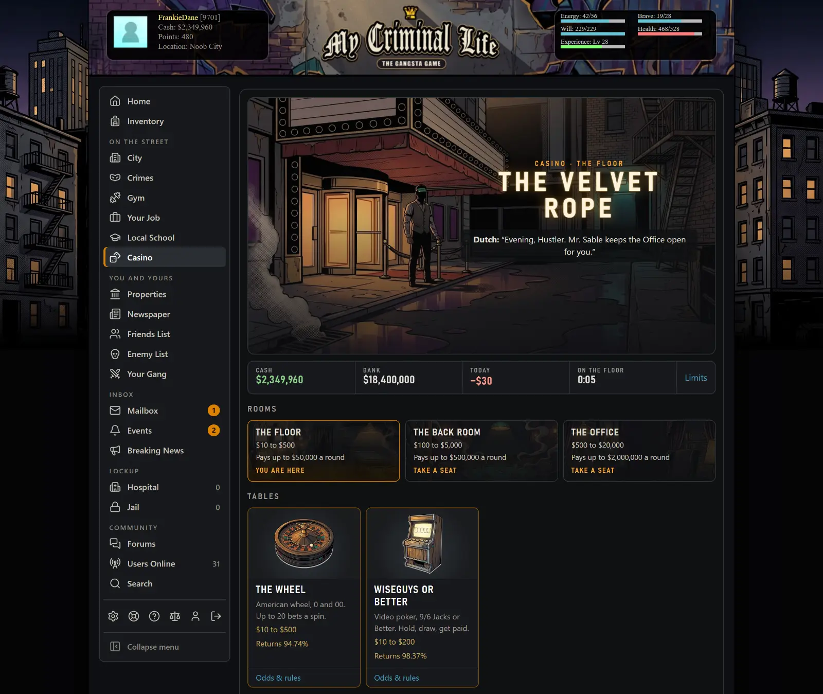 Screenshot: The Velvet Rope casino. Three rooms, from the Floor to the Office. The Wheel and Wiseguys or Better are open tonight.