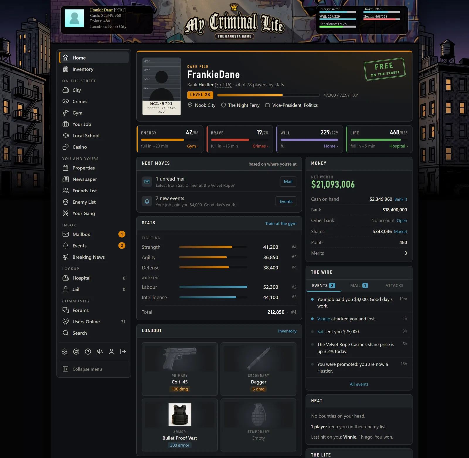 The game's home page on a computer: a player's case file with rank, stats, cash, next moves and recent events, set out as panels of text and numbers.