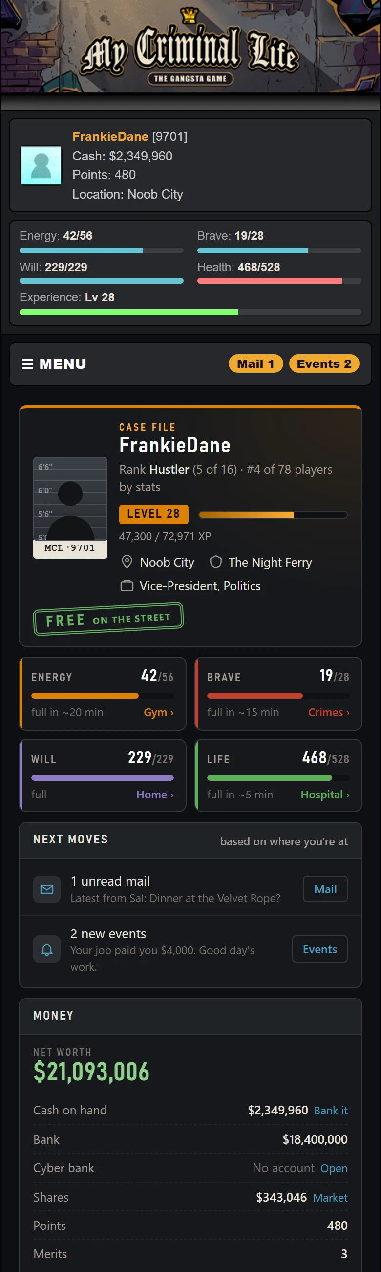 The home page on a phone: the four bars, the next moves and the money summary stacked in one column under the game logo.
