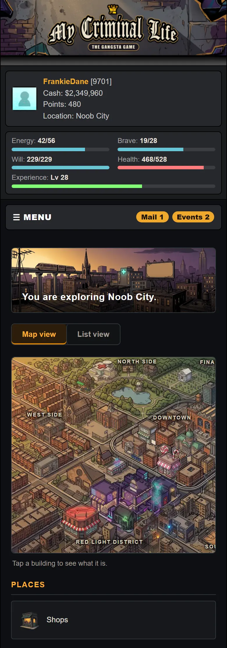 The Noob City map on a phone: the four bars at the top, then the painted map with its districts labelled and a list of places underneath.