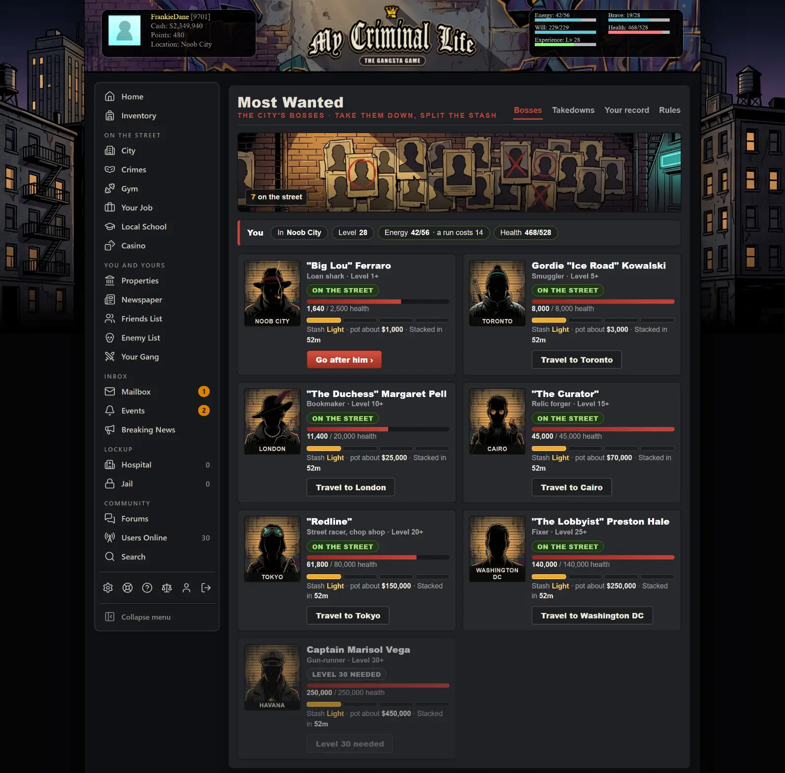 The Most Wanted page on a computer: a list of bosses with their levels, stashes and health bars, and a button to take each one on.
