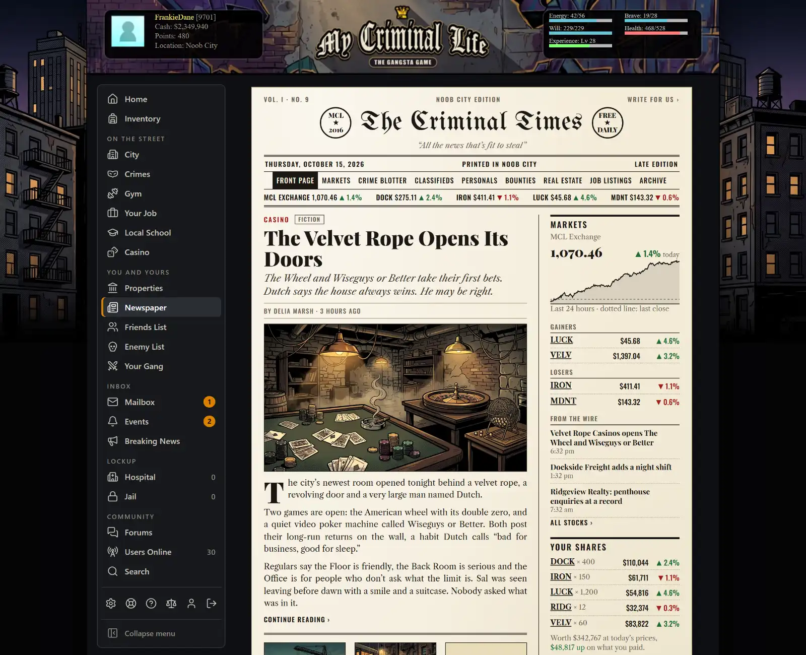 The Criminal Times, the game's newspaper, on a computer: a masthead, a front-page story, market prices, the crime blotter and classified ads.