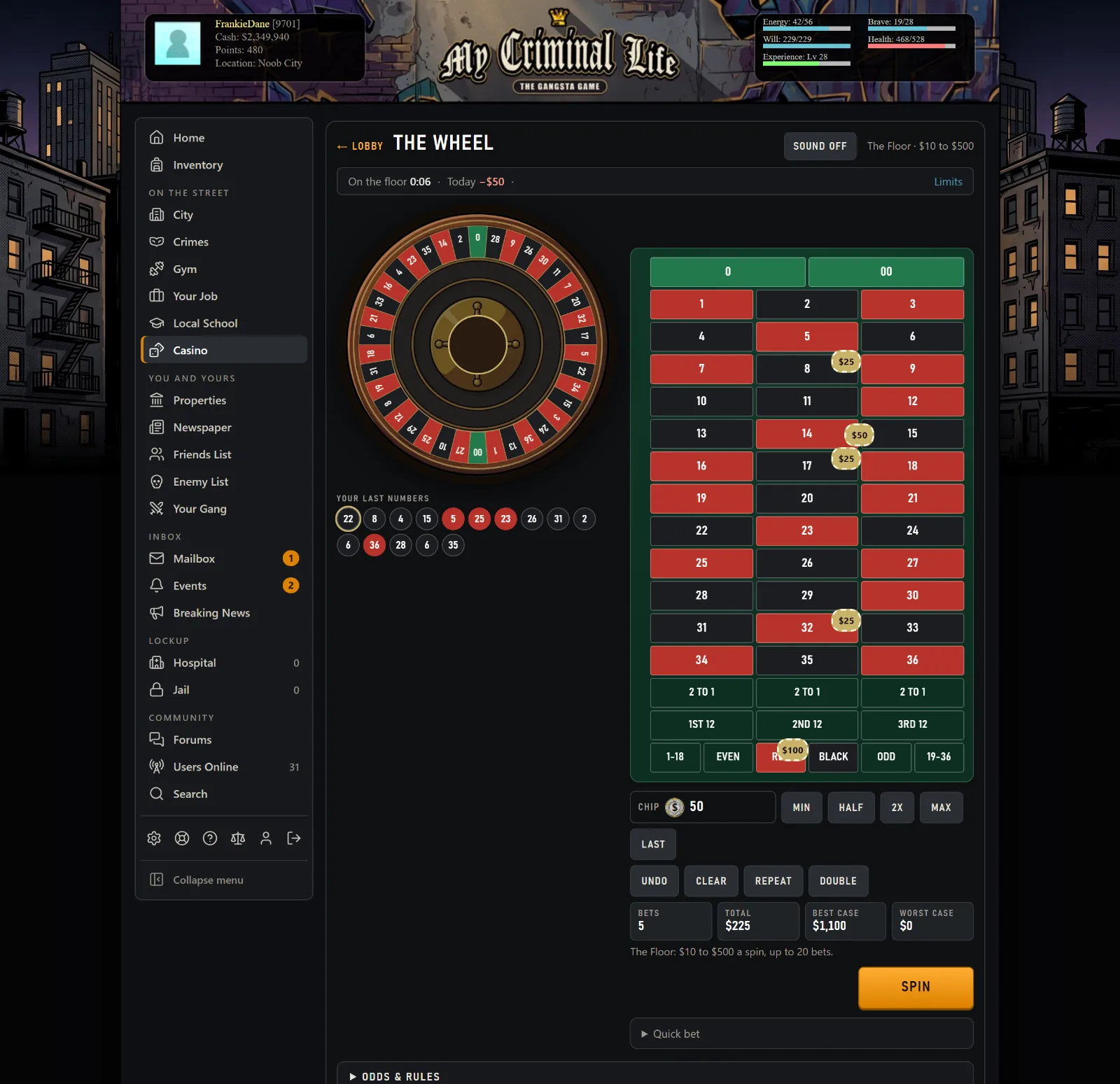 Screenshot: The Wheel. An American wheel with a double zero, up to twenty bets a spin, and the odds on the wall.