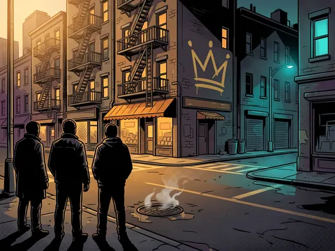 Three figures seen from behind look across an intersection: their block is warm and lit, with a gold crown painted on a wall, the block opposite is cold and dark.