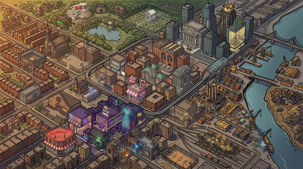 An illustrated map of Noob City: brick neighbourhoods, a park and a church, downtown towers, a neon-lit strip, the docks and a river.