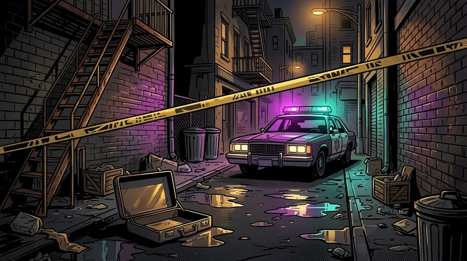 A police car in a dark alley behind yellow tape, next to an open briefcase.