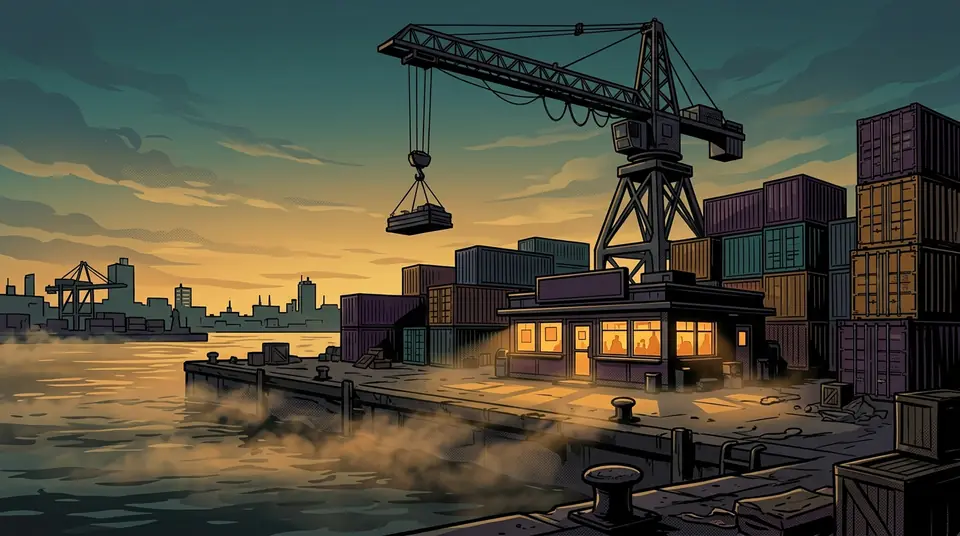 A harbour at dusk: a crane lifting a pallet over stacked shipping containers and a lit dockside office.