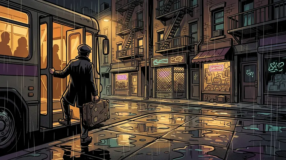 A traveler with a battered suitcase stepping off a bus onto a rainy city street at night.