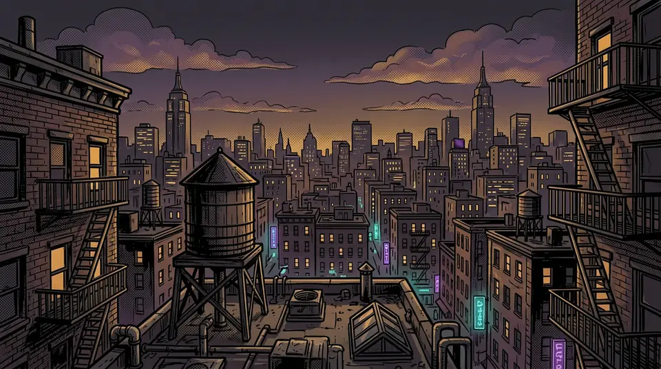 A city skyline at dusk, seen from a rooftop with a water tower and fire escapes.