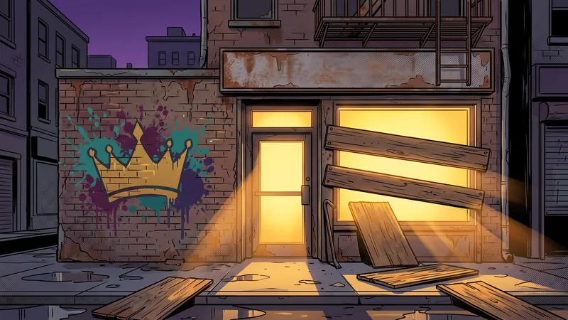 A boarded-up storefront with light pouring out.