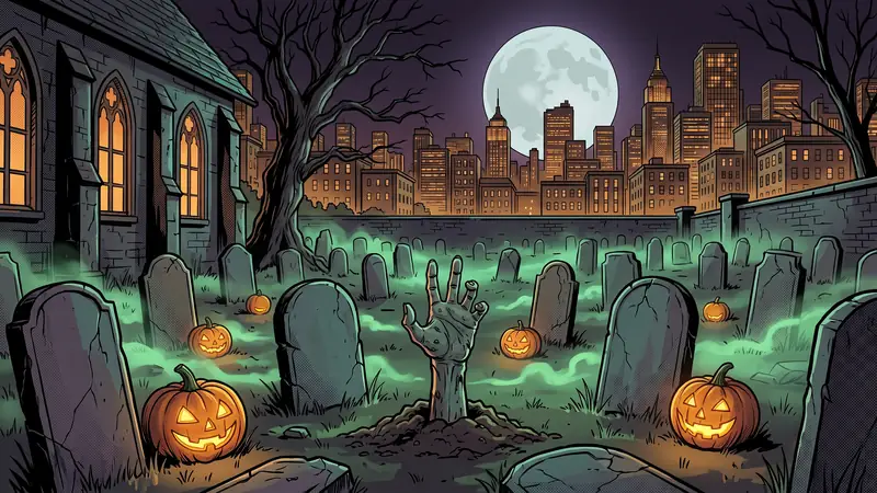 Halloween in the graveyard behind the church.