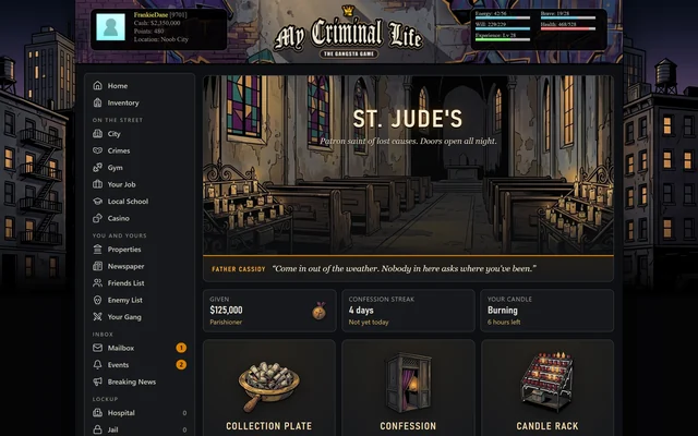 St. Jude's Church tracks what the player has given, their confession streak and their candle, with the collection plate, confession booth and candle rack below.