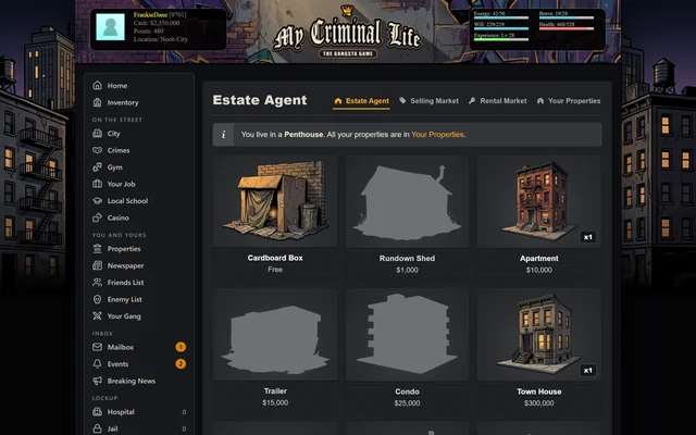The Estate Agent lists every property on the ladder from a free cardboard box upward, with the ones the player owns in color and the rest as silhouettes.
