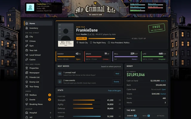 The home page shows the player's case file: rank and level, energy, brave, will and life bars, suggested next moves, stats and money.