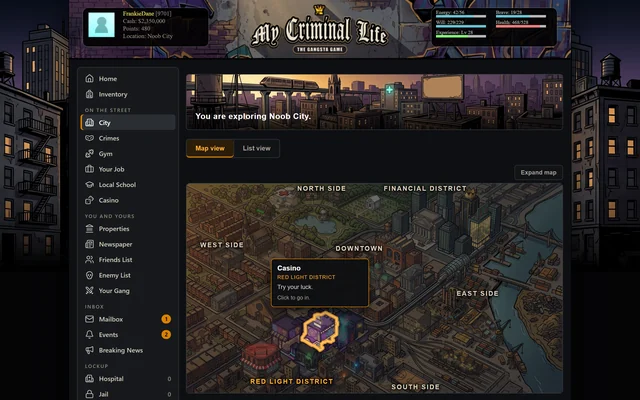 The Explore page draws Noob City as an illustrated map in seven districts, and pointing at a building lights it up and names it, here the casino in the Red Light District.