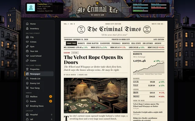 The front page of The Criminal Times, the in-game daily paper, with a lead story, prices from the game's stock exchange and headlines from the wire.