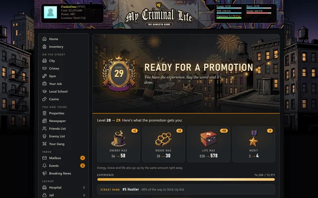 The Promotion page for a player with enough experience to level up, showing what the step from level 28 to 29 adds to energy, brave, life and merits.